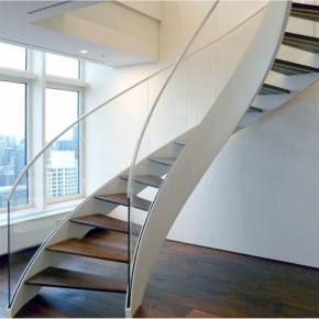 interior wooden tread glass railing steel curved staircase