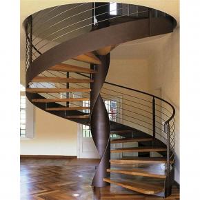 wood step rails curved Staircase with stainless steel stringer and glass railing